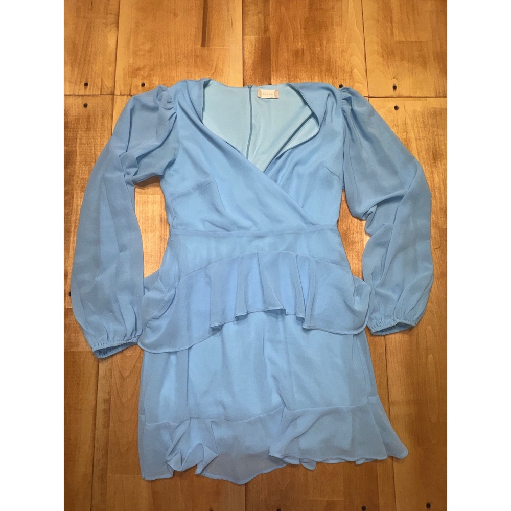 Altar'd State Light Blue Ruffle Mini Dress Long Puff Sleeve Surplice V-Neck M